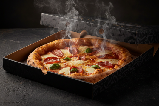 Premium vented pizza box open showing crispy pizza inside with die-cut steam vents on the lid for cloud kitchen delivery