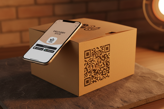 Premium custom branded kraft food delivery box with a clean QR code printed directly on the side panel and a smartphone held nearby showing an app download screen, dark moody surface with warm editorial lighting