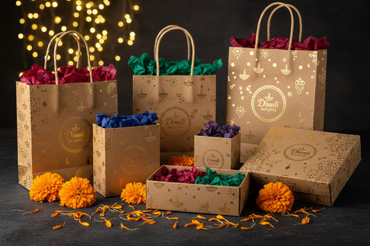 Premium festive food packaging flat lay with kraft boxes and paper bags with gold foil accents, warm string lights bokeh, marigold flowers and Diwali celebration aesthetic on a dark moody surface