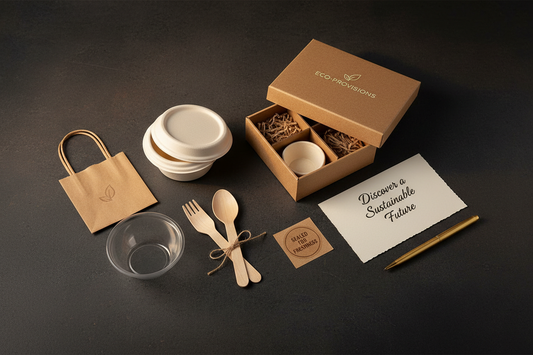 Flat lay of a premium packaging sample kit open to reveal neatly arranged sample pieces including a kraft bag, bagasse container, PLA clear bowl, wooden cutlery and a tamper seal sticker on a dark slate surface with a handwritten note card
