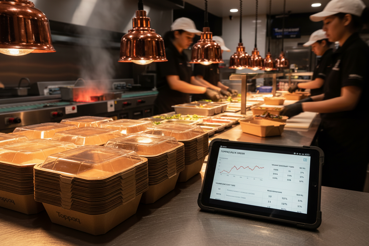 Cheap takeaway containers in bulk stacked on a QSR prep counter next to a wholesale B2B procurement dashboard — Toppaq