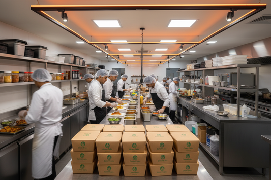 QSR kitchen staff efficiently packing food orders into branded eco-friendly packaging boxes — how Indian quick-service restaurants cut packaging costs without cutting quality