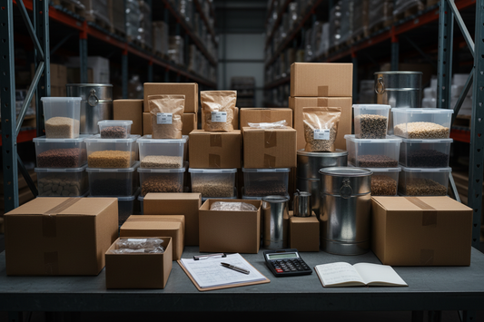 Bulk food packaging procurement with clipboard and calculator — B2B cost reduction guide by Toppaq