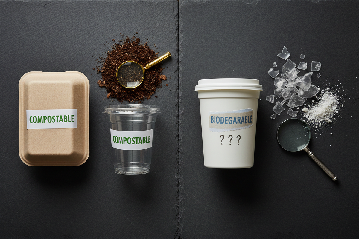Split comparison of compostable PLA and bagasse food containers versus biodegradable packaging with certification labels — technical guide to eco-friendly packaging claims for Indian cafes and cloud kitchens