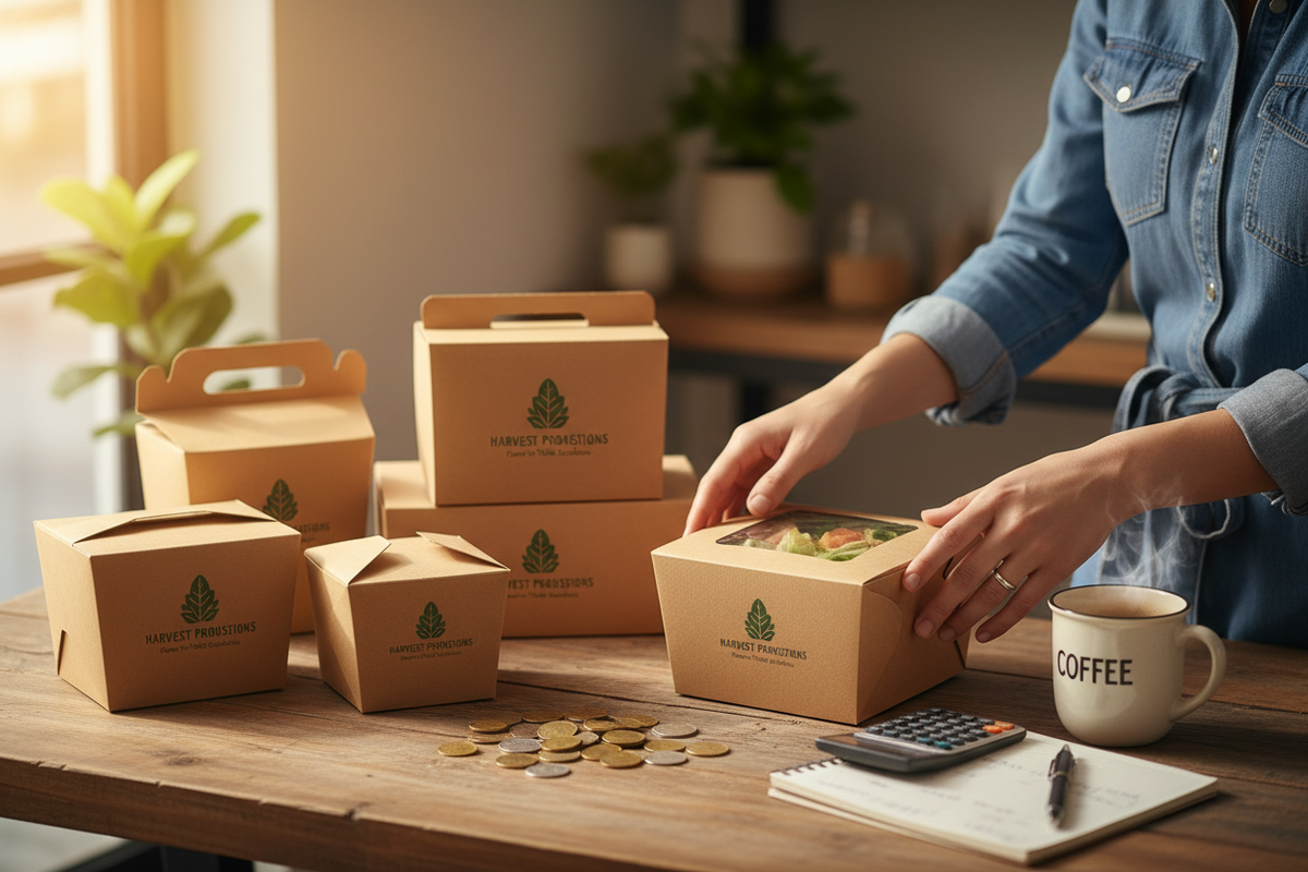 Small business owner's hands carefully arranging custom branded kraft food packaging boxes and bags on a wooden table with coins and a notebook with calculations visible nearby, showing the cash-flow planning required to start custom branded packaging