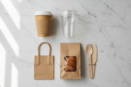 Complete specialty cafe packaging setup — kraft cups, PLA cold cups, lids, kraft bags and birchwood cutlery by Toppaq