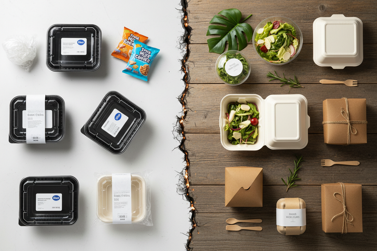 Side-by-side comparison of bagasse, PP, PLA and kraft food packaging containers on a dark surface showing material differences for Indian cloud kitchens and restaurants — cost and eco comparison