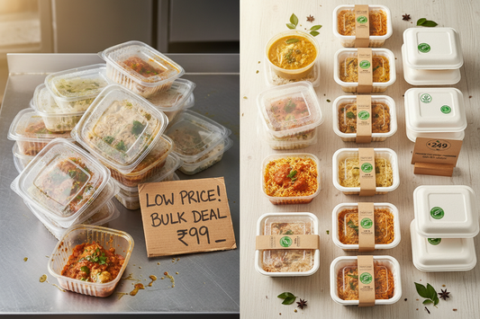 Split-screen comparison of cheap generic plastic takeout containers versus premium compostable PLA and bagasse containers showing the true cost difference for Indian food businesses