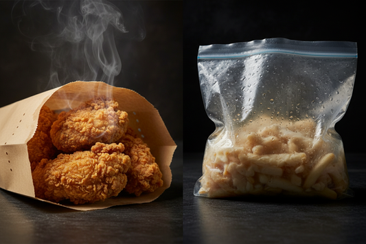 Dramatic split shot contrasting perfectly crispy golden fried food in a well-vented kraft paper bag with steam escaping cleanly on the left versus soggy limp fried food in a sealed plastic bag with condensation droplets inside on the right