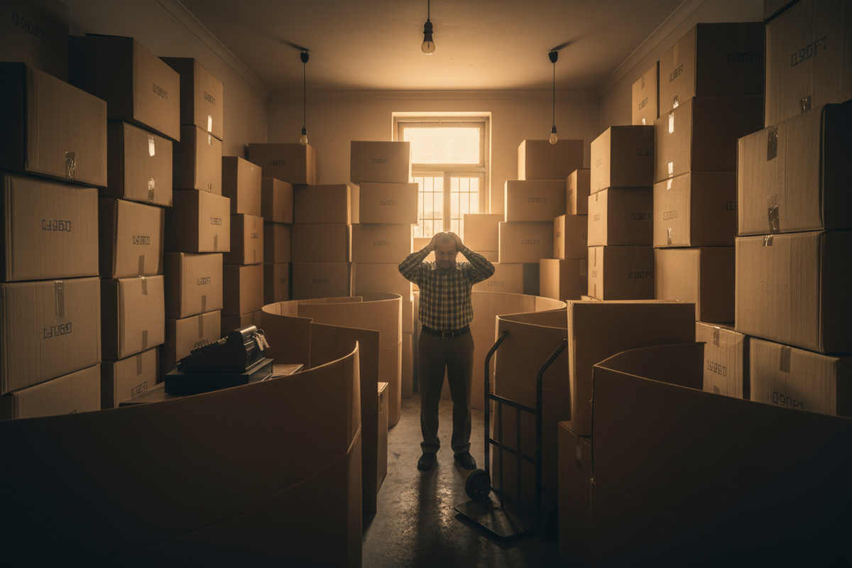 Stressed Indian cafe owner surrounded by towering stacks of excess generic packaging inventory in a cramped backroom — the hidden cost of high MOQ packaging