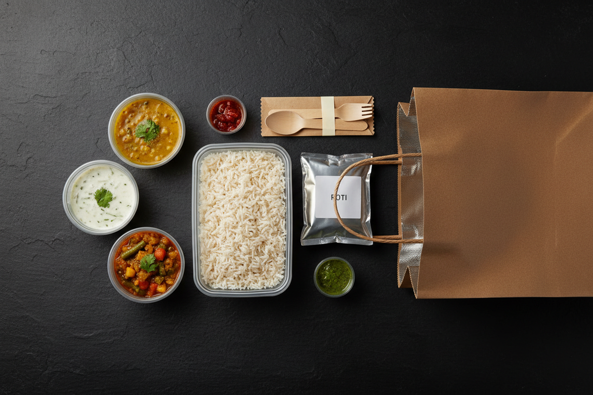 Complete thali delivery packaging system with PP containers, dal and raita cups, foil roti pouch, papad sleeve, birchwood cutlery and 120 GSM kraft bag by Toppaq