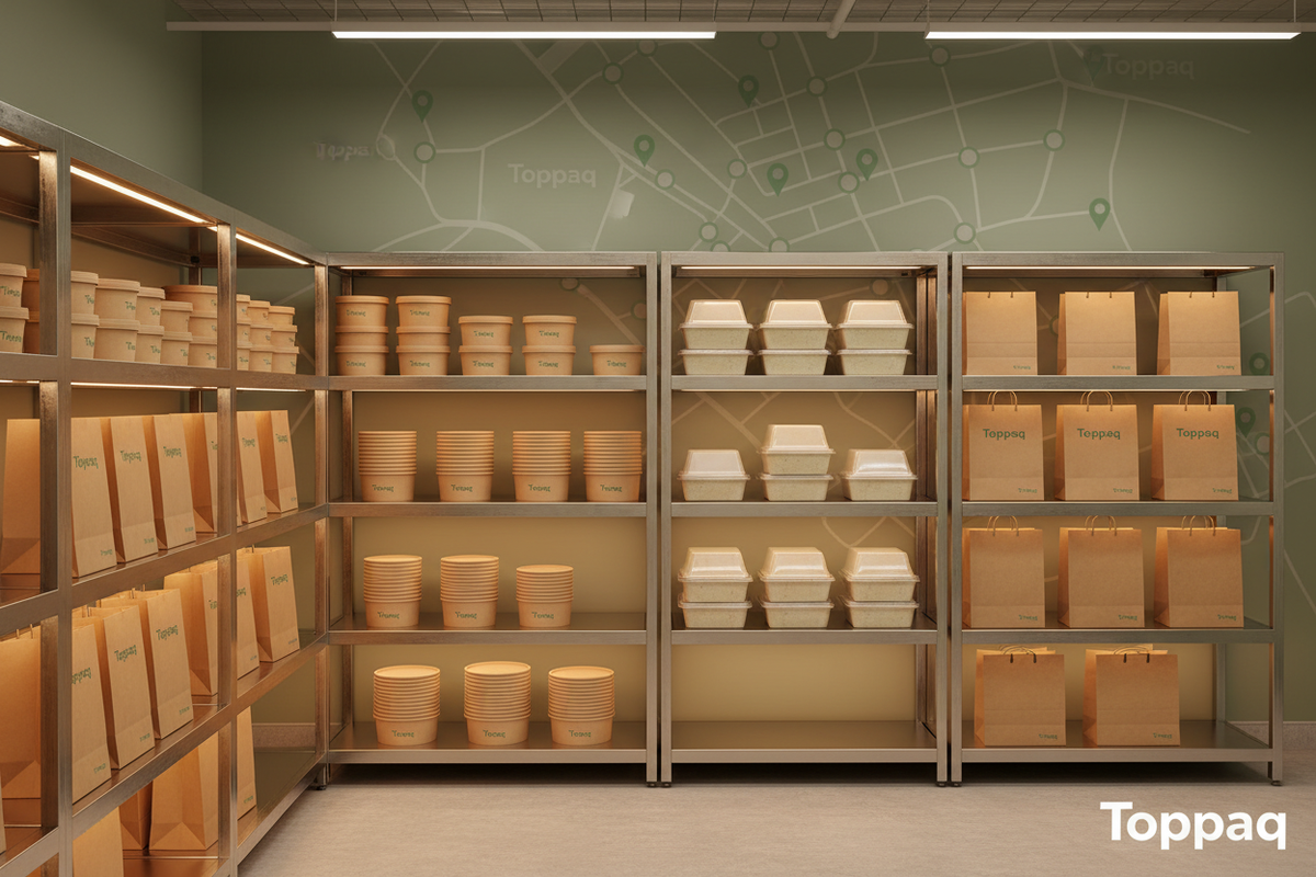 Bulk disposable food containers stacked in a commercial restaurant kitchen