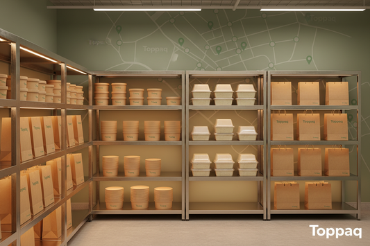 Bulk disposable food containers stacked in a commercial restaurant kitchen