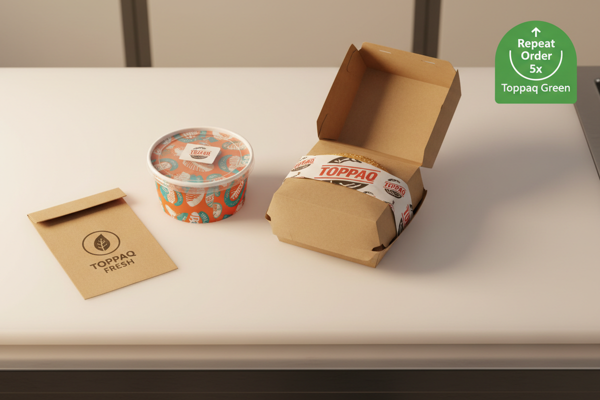 Premium custom printed food packaging in India showing branded burger boxes, container sleeves, and delivery bags for restaurant marketing.