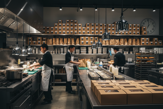 Pre-staged food packaging on industrial shelving in a cloud kitchen before high-volume weekend service — kraft bags, PP containers and paper bags organised for fast dispatch