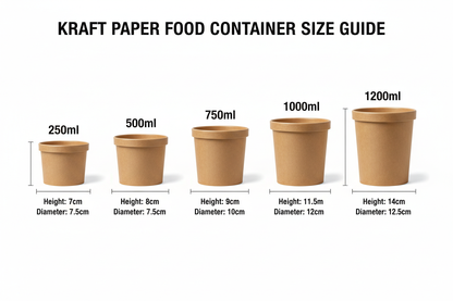 Size guide for kraft paper food containers 250ml to 1200ml