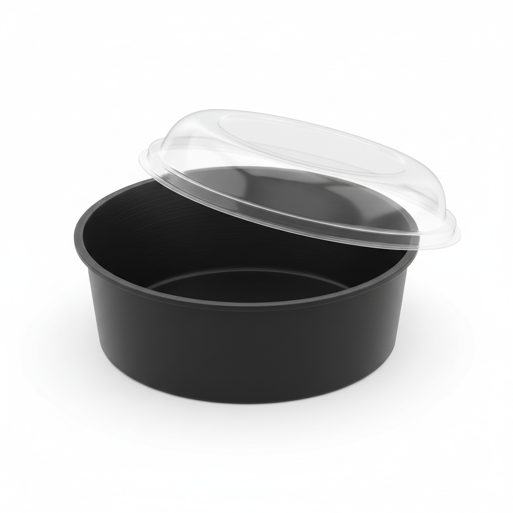 Round black 1000ml PLA container lid open