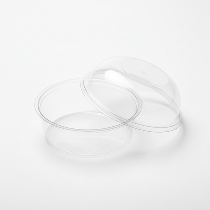 Round transparent 300ml PLA container lid open