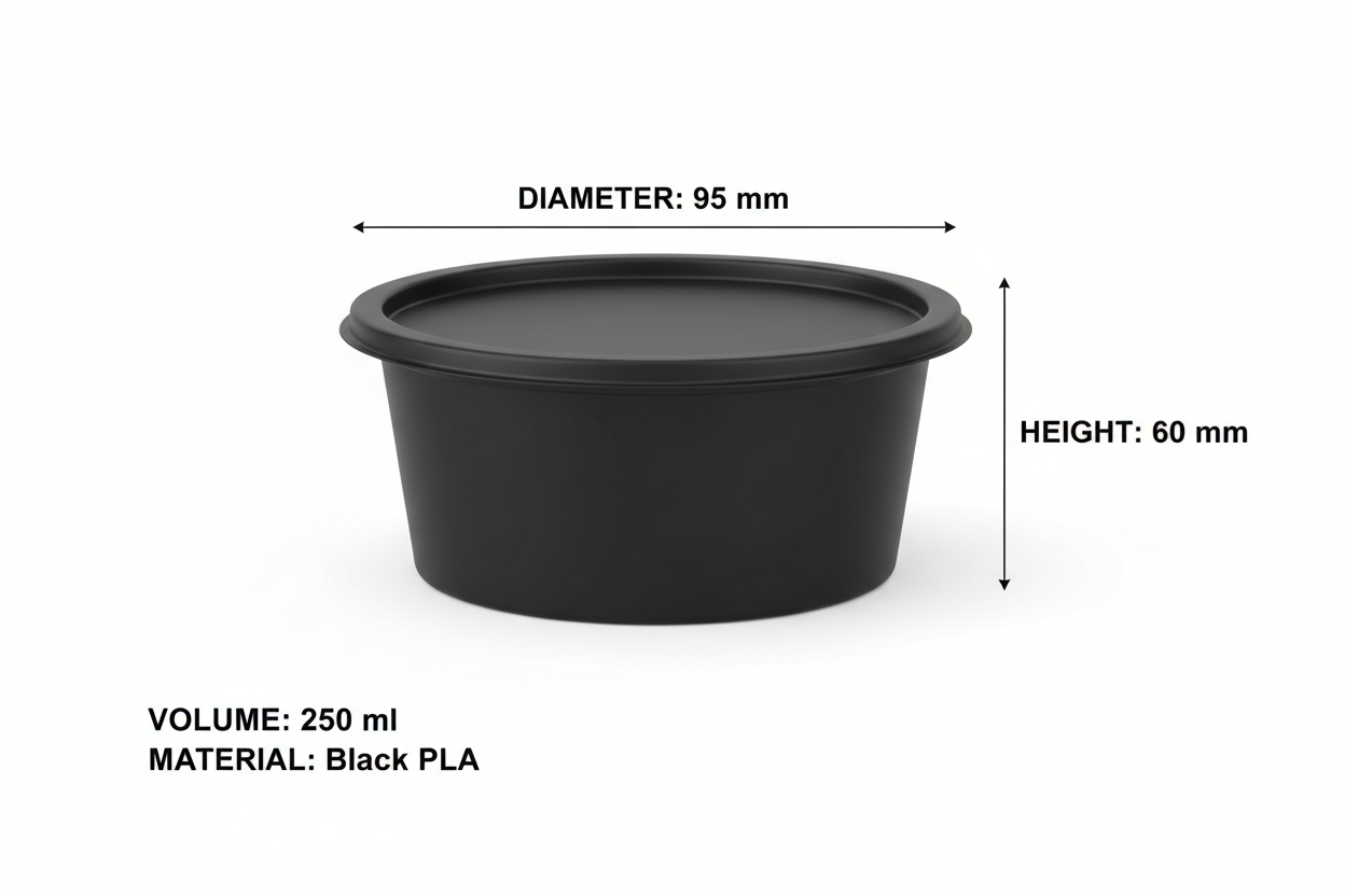 Size guide round black 250ml PLA container
