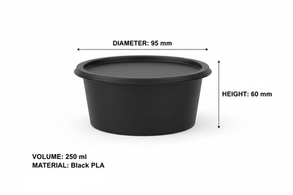 Size guide round black 250ml PLA container