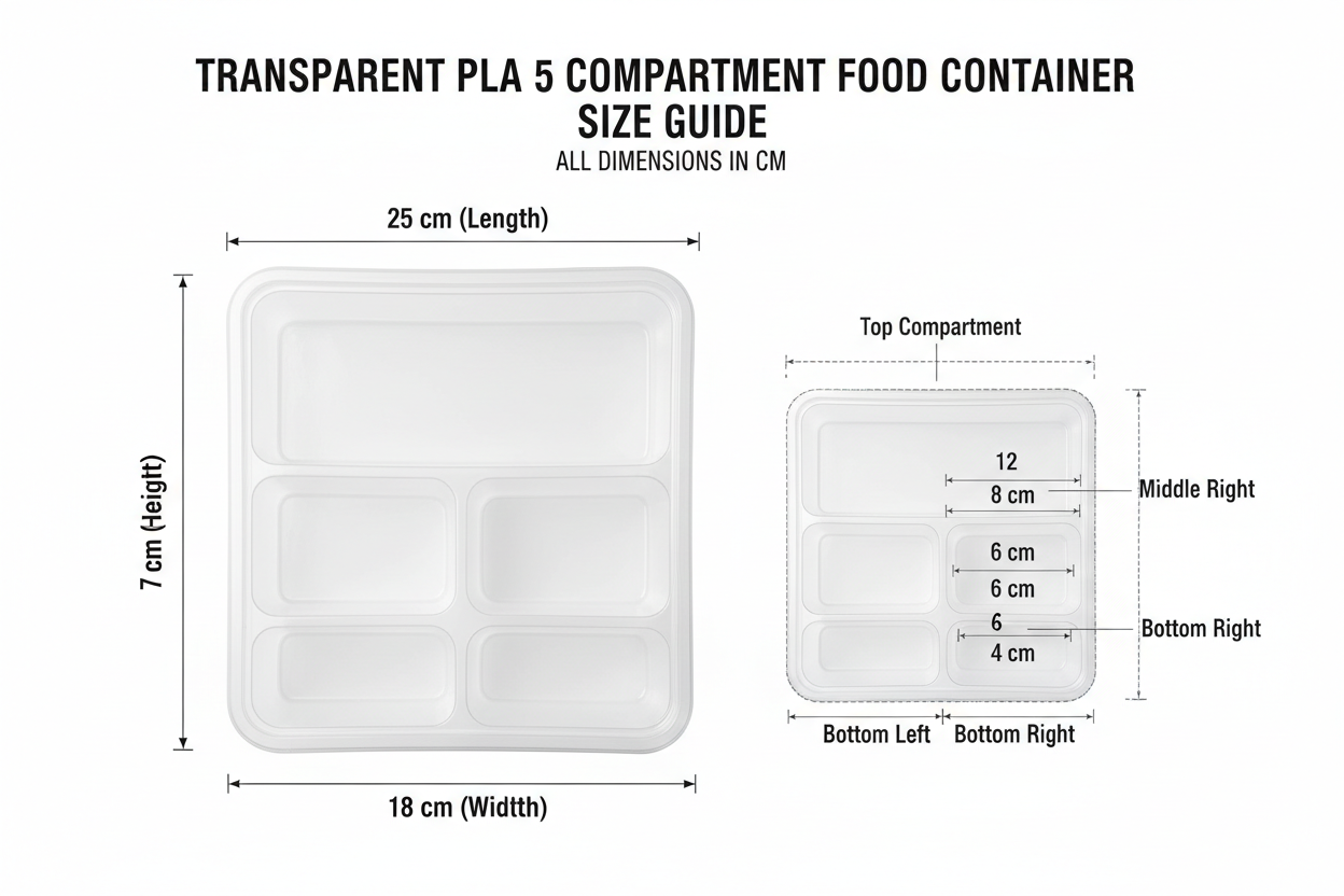 Size guide transparent PLA 5 compartment container