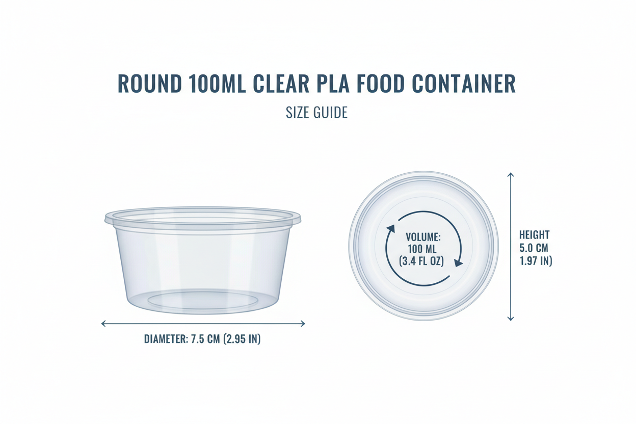 Size guide round transparent 100ml PLA container