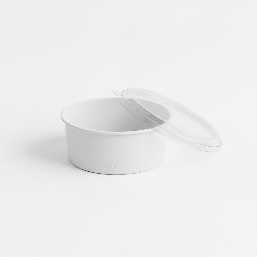 Round white 250ml PLA container lid open