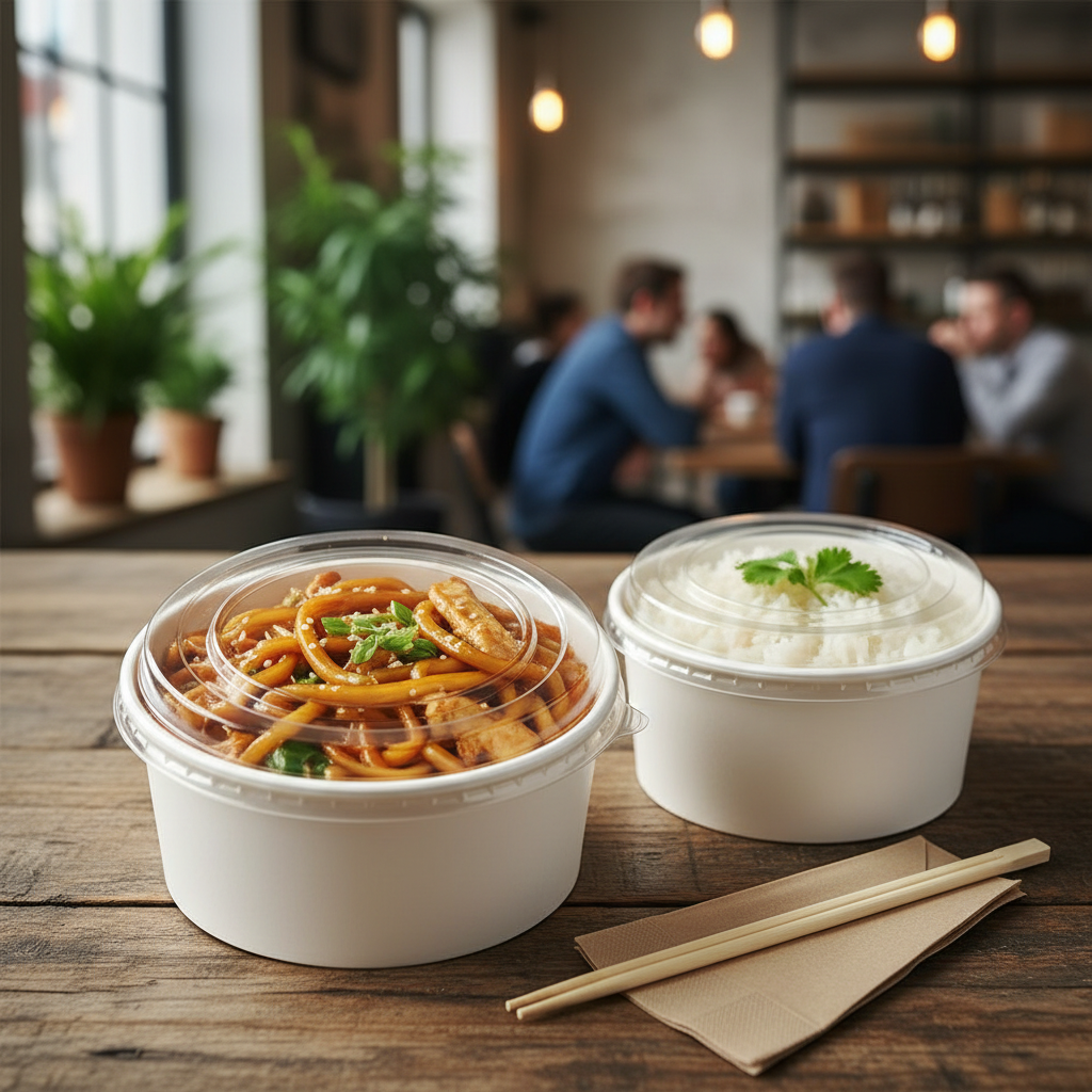 Round white PLA 500ml container with rice lifestyle