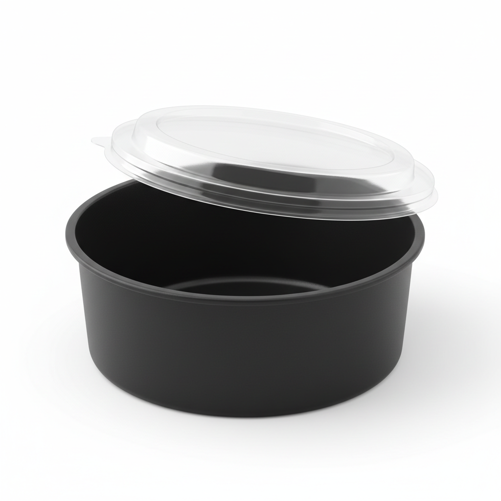 Round black 750ml PLA container lid open