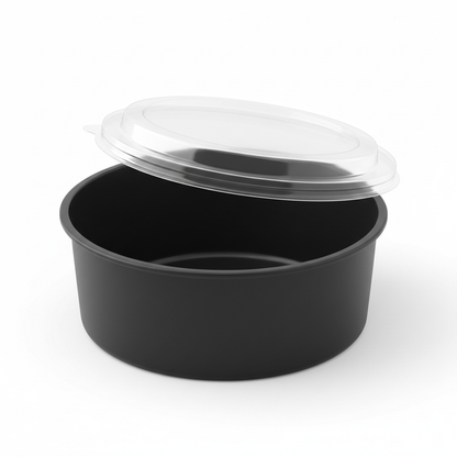 Round black 750ml PLA container lid open