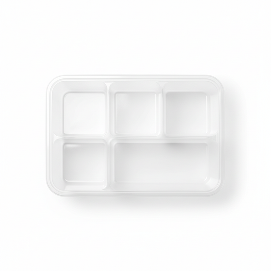 Transparent PLA 5 compartment container top view showing 5 sections