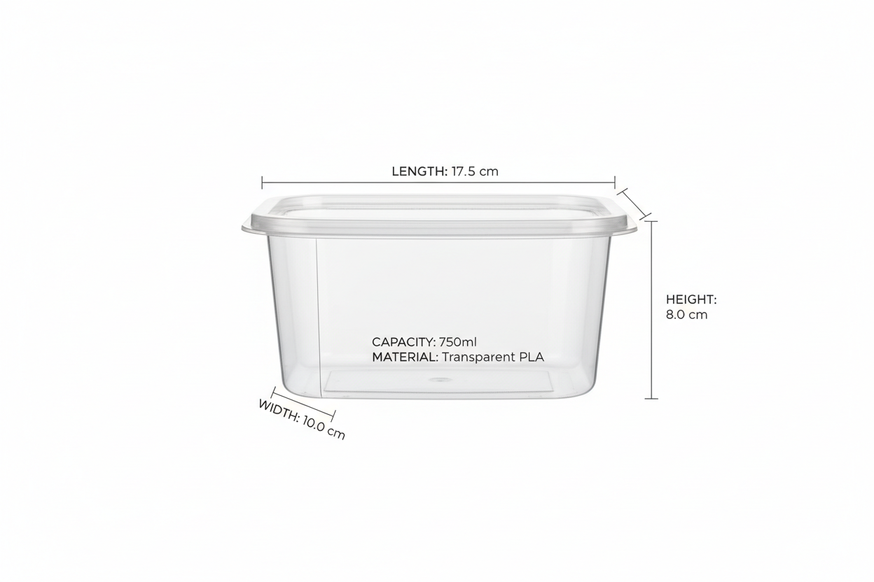 Size guide rectangular transparent PLA 750ml