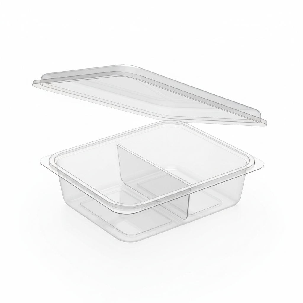 Transparent PLA 2 compartment container lid open