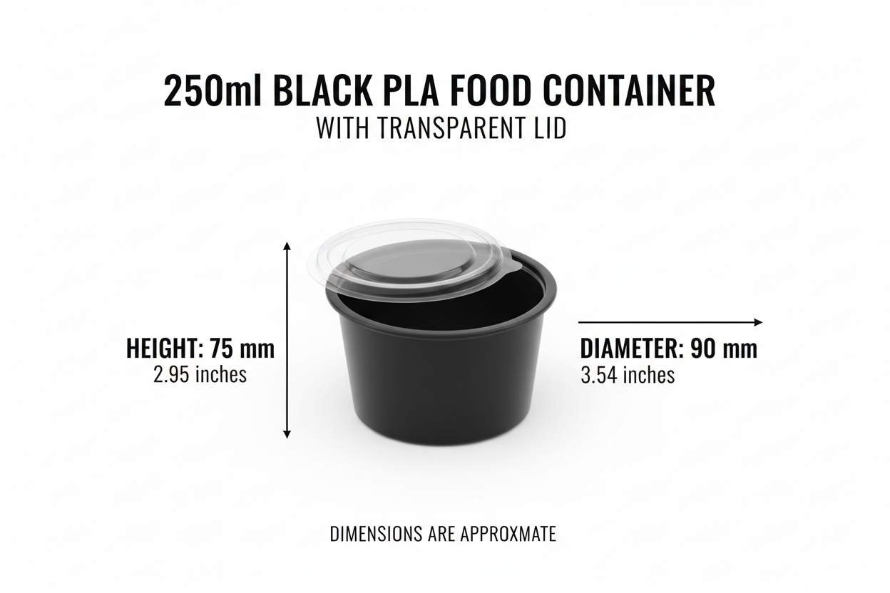 Size guide for black 250ml PLA container