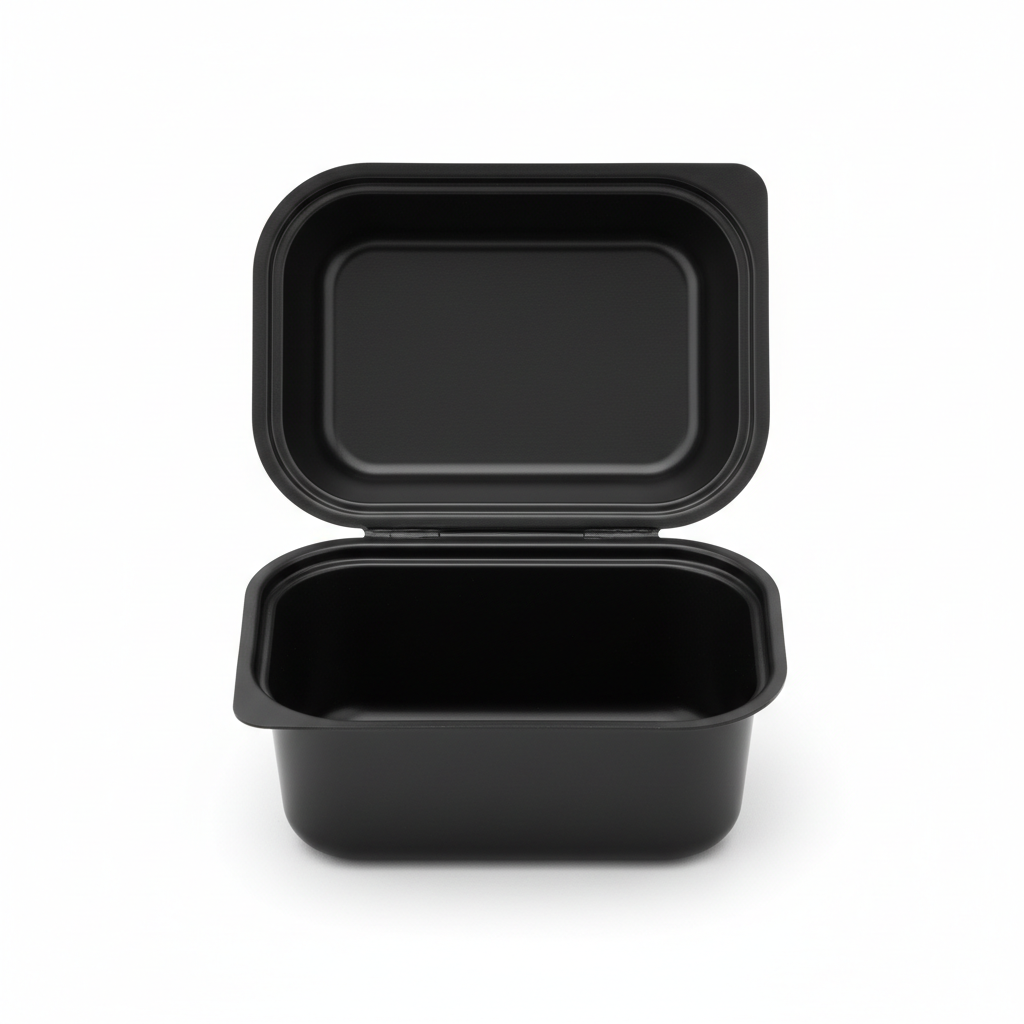 Black 50ml PLA container with lid open
