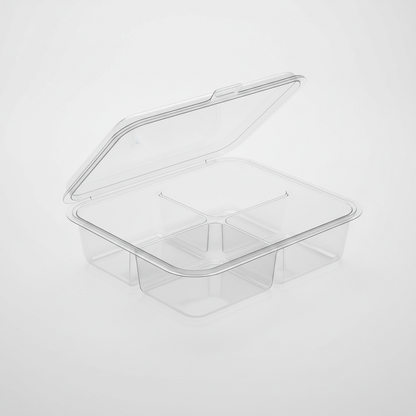 Transparent PLA 3 compartment container lid open