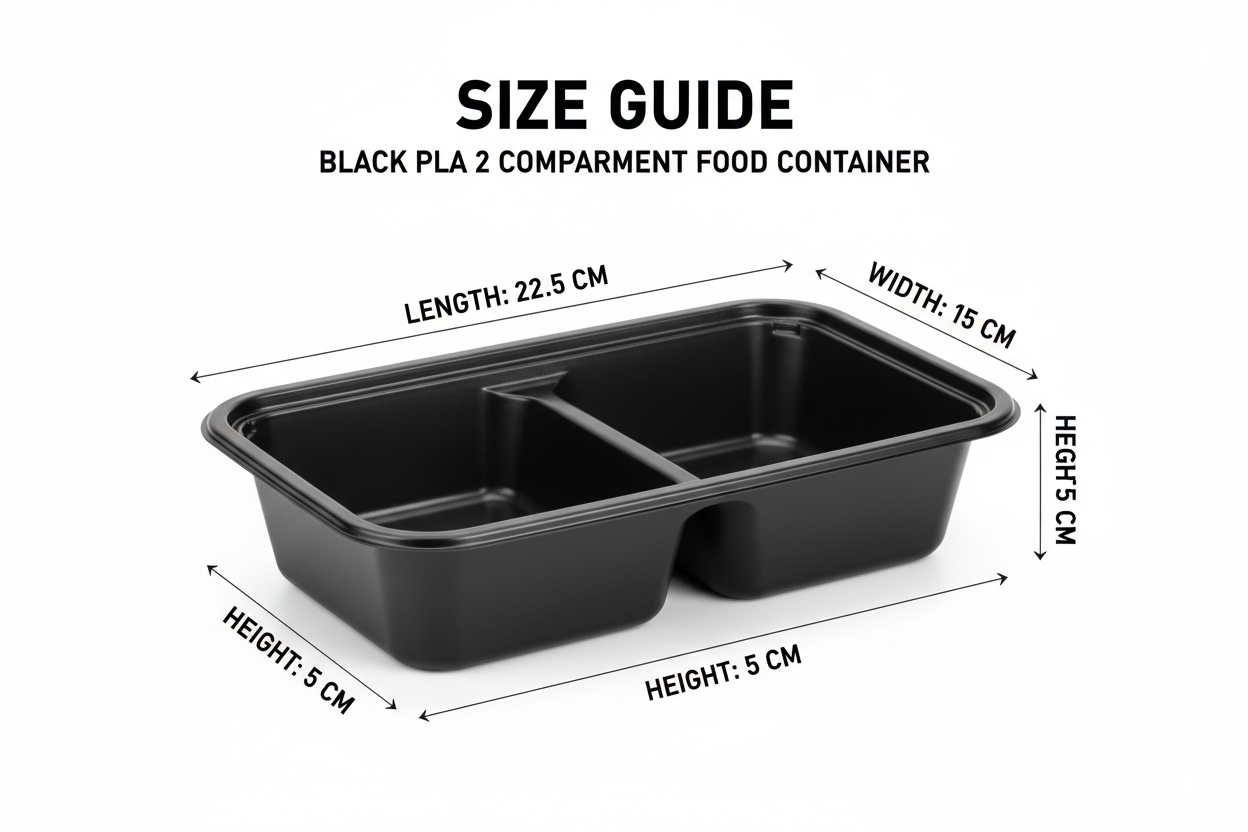 Size guide black PLA 2 compartment container