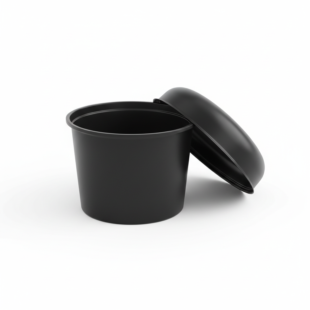 Black 100ml PLA container with lid open