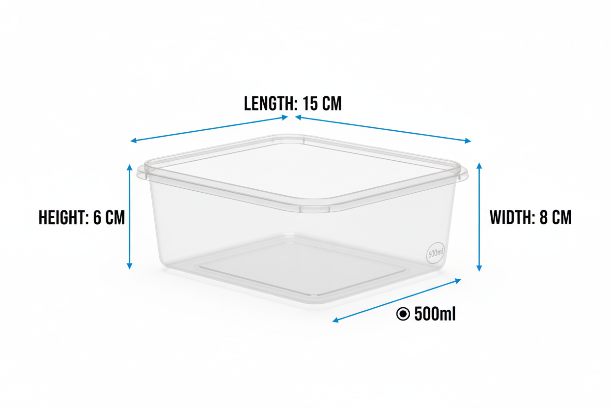 Size guide rectangular transparent PLA 500ml