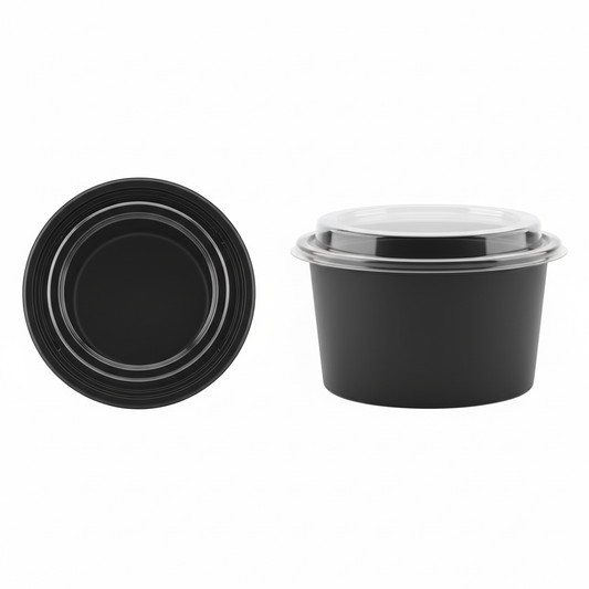 Round black PLA food container 250ml with transparent lid