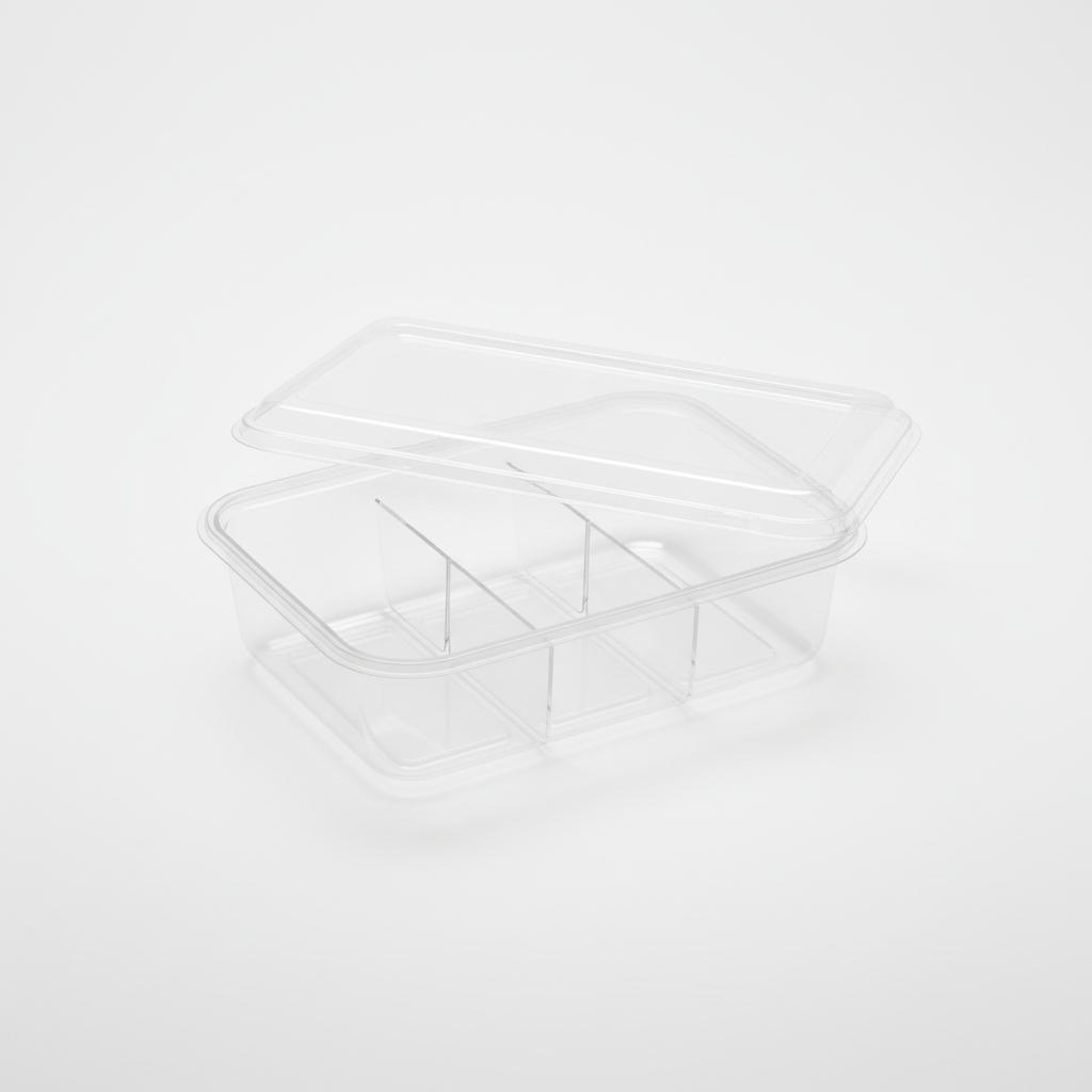 Transparent PLA 5 compartment container lid open