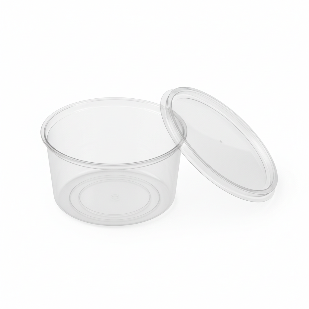 Round transparent 500ml PLA container lid open