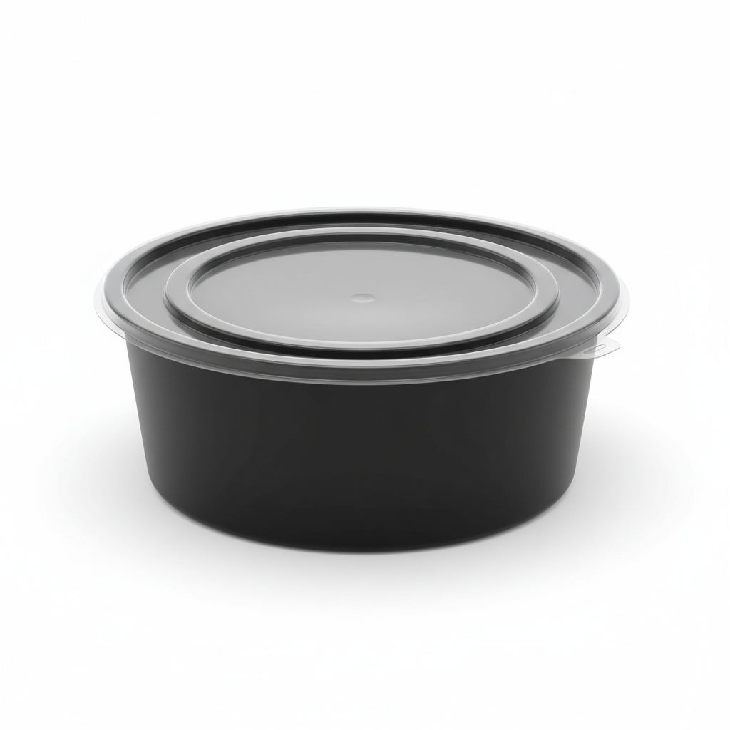 Round black PLA food container 750ml with transparent lid