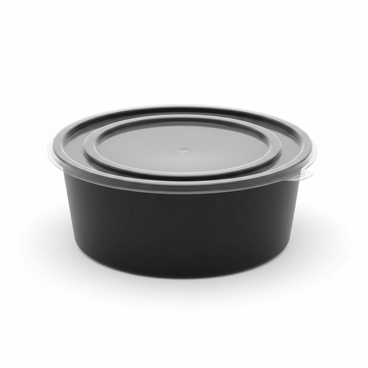 Round black PLA food container 750ml with transparent lid