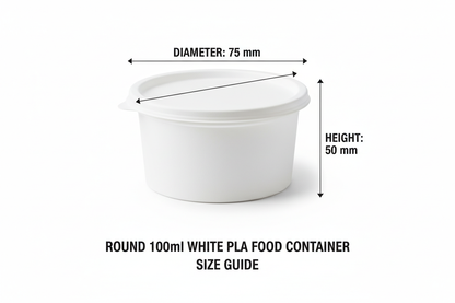 Size guide round white 100ml PLA container