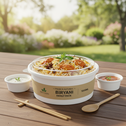 Round white PLA 1000ml container with biryani lifestyle