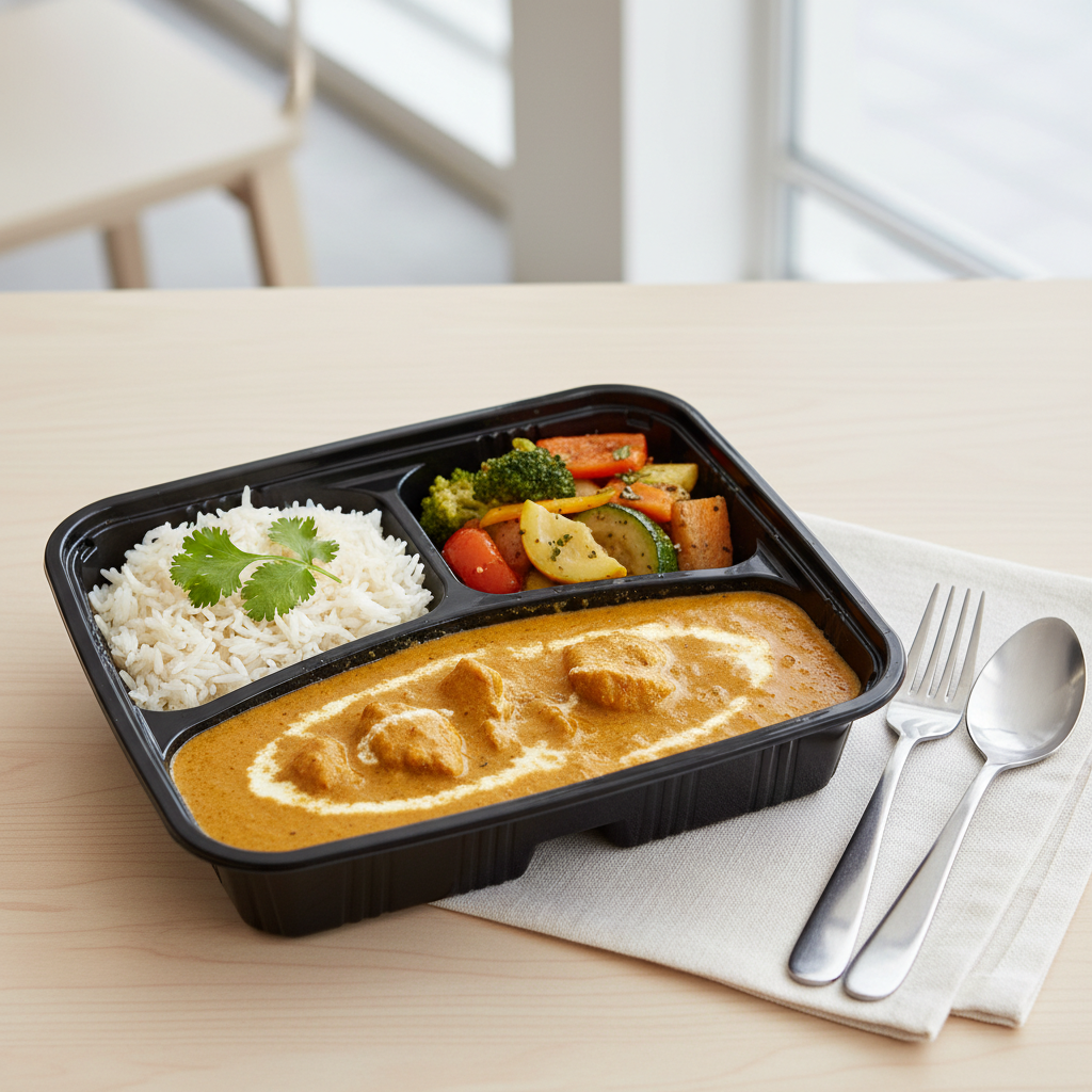 Black PLA 3 compartment container with thali meal lifestyle