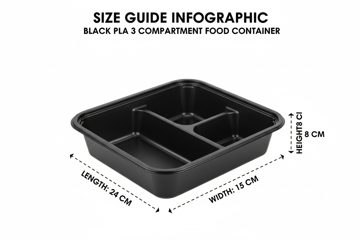 Size guide black PLA 3 compartment container