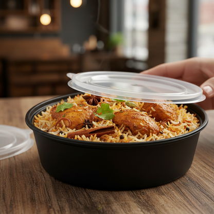 Round black PLA 750ml container with biryani lifestyle