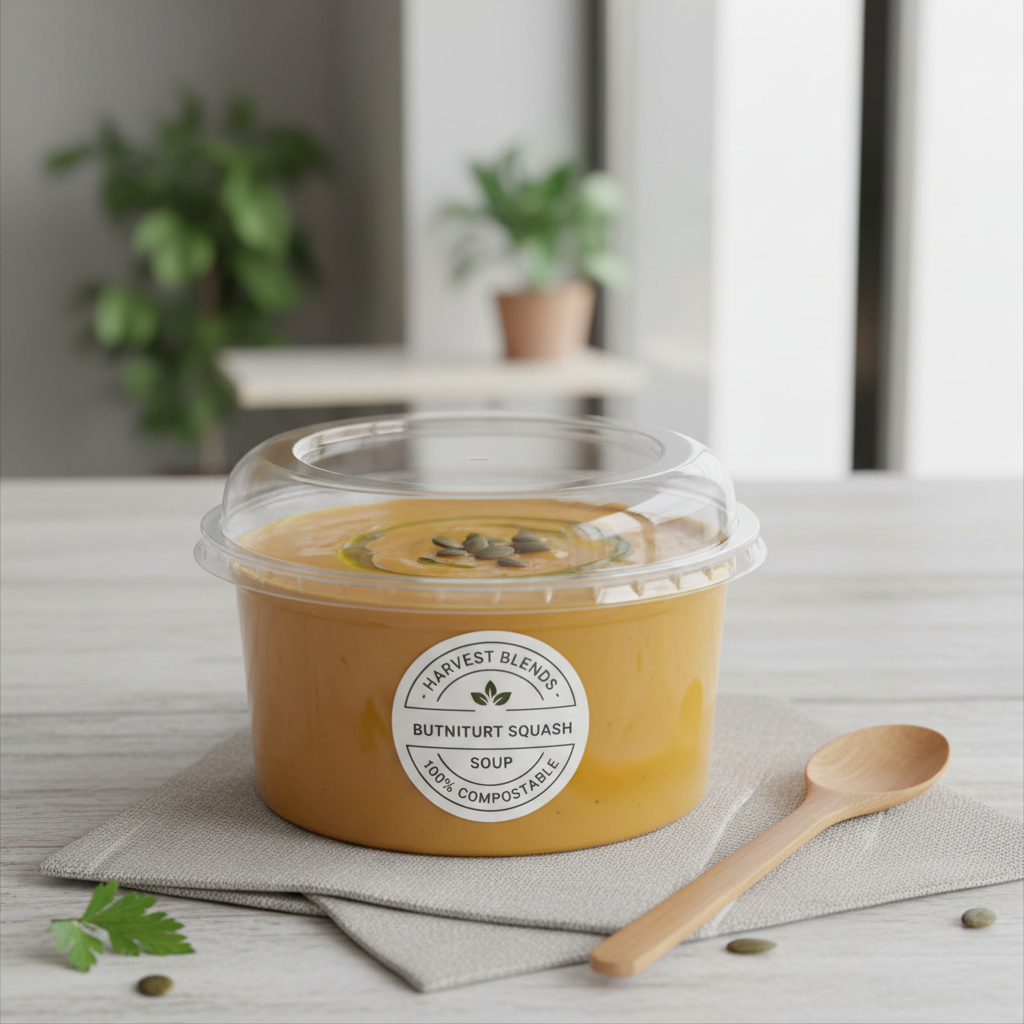 Round transparent PLA 100ml container with soup lifestyle